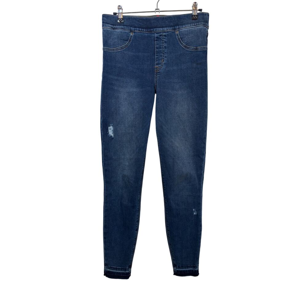 Spanx Ankle Skinny Jeans Womens Medium Blue High Rise Pull On Distressed Raw Hem